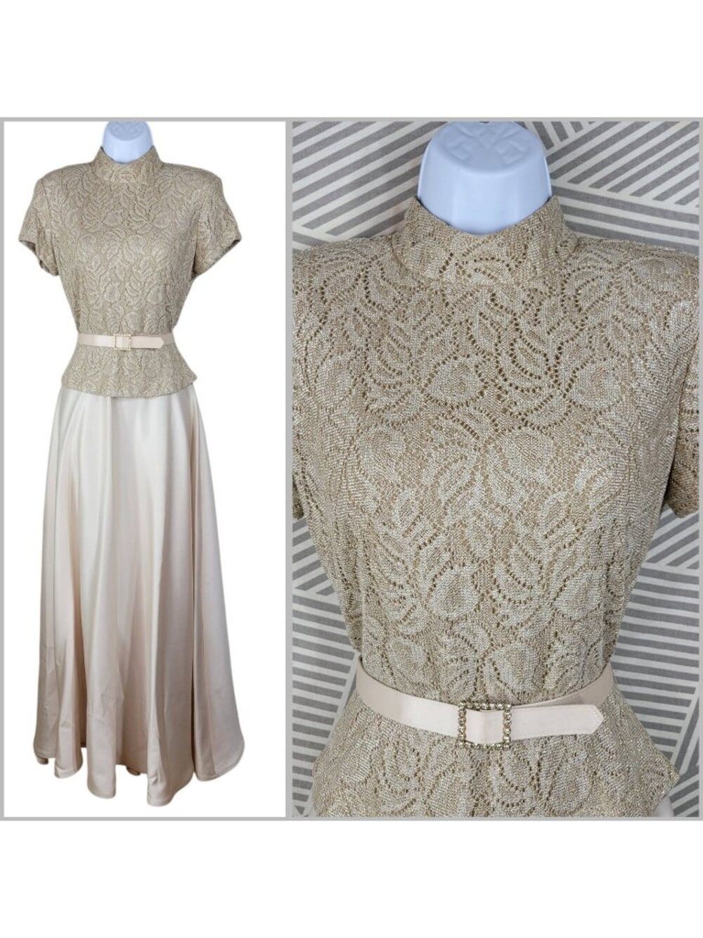 Metallic Gold Long Evening Gown Dress 6/8 Glamour 70s Vintage Satin Skirt Knit